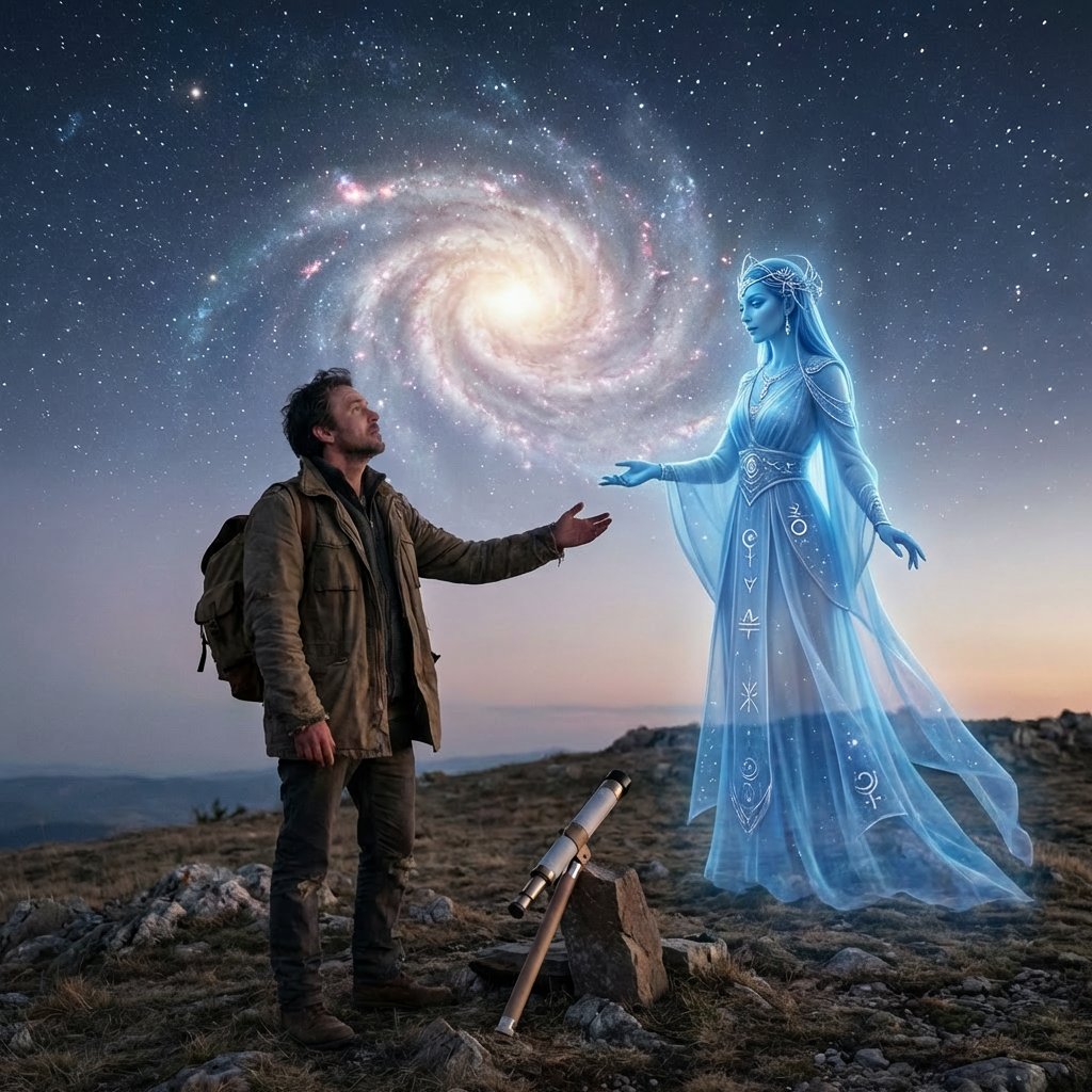 A man reaching toward a glowing spiral galaxy and a translucent alien in the night sky.